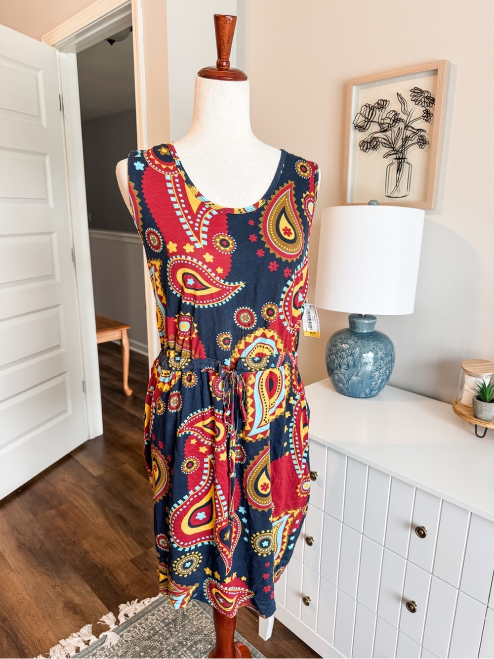 Sleeveless Navy Paisley Tie-Waist Dress